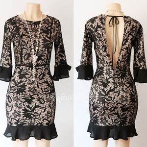 Minimi Black Nude Lace Ruffle Bow 3/4 Sleeve Dress